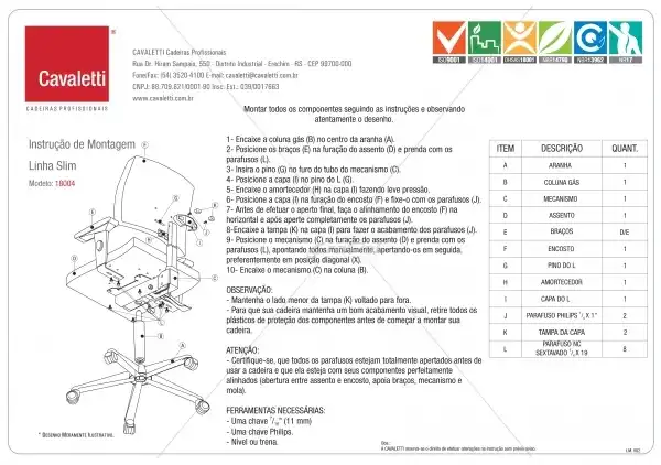 Cadeira para escritório executiva giratória 18004 SRE - Linha Slim - Braço SL - Cavaletti - Base Estampada Cromada