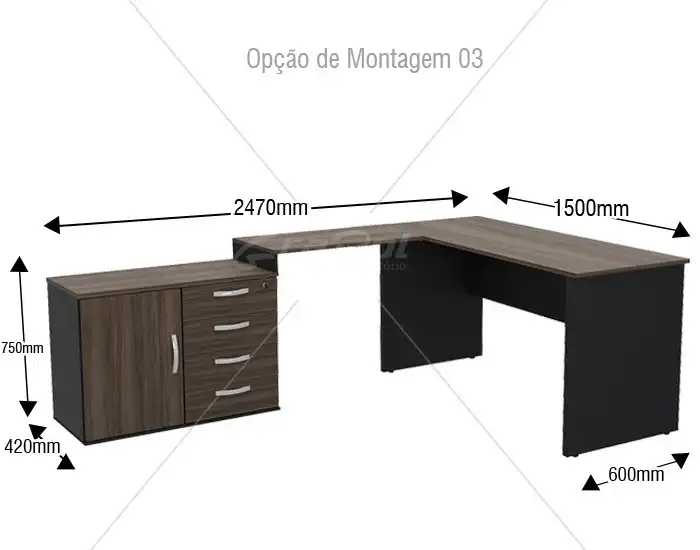 Mesa em L - Tampo 40mm - Mesa Auxiliar Ajustável - 1 porta - 4 gavetas - Mesa Principal com Largura de 1500mm - Mesa Auxiliar com 03 Opções de Montagem