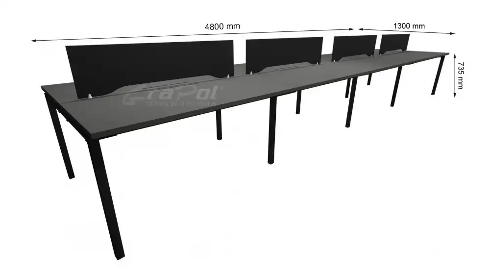 Plataforma de Trabalho com Total de 8 Lugares. 4 Lugares + 4 Lugares Frente a Frente - Caixas de conectividade metálicas com tomadas elétricas - Tampo 25mm - 4800mm X 1300mm X 735mm -  Linha M-office - Móveis Motiva