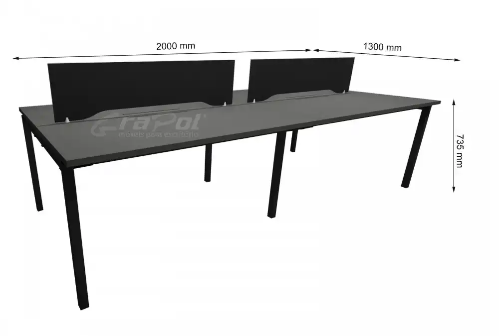 Plataforma de Trabalho com Total de 4 Lugares. 2 Lugares + 2 Lugares Frente a Frente - Caixas de conectividade metálicas com tomadas elétricas - Tampo 25mm - 2000mm X 1300mm X 735mm -  Linha M-office - Móveis Motiva