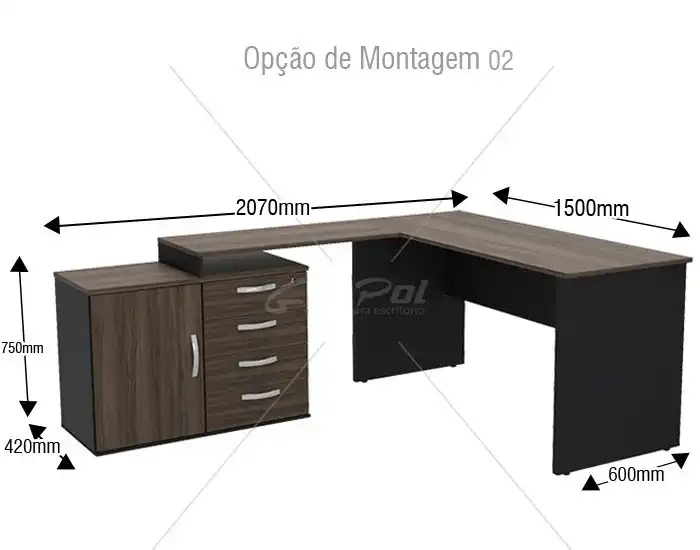 Mesa em L - Tampo 40mm - Mesa Auxiliar Ajustável - 1 porta - 4 gavetas - Mesa Principal com Largura de 1500mm - Mesa Auxiliar com 03 Opções de Montagem