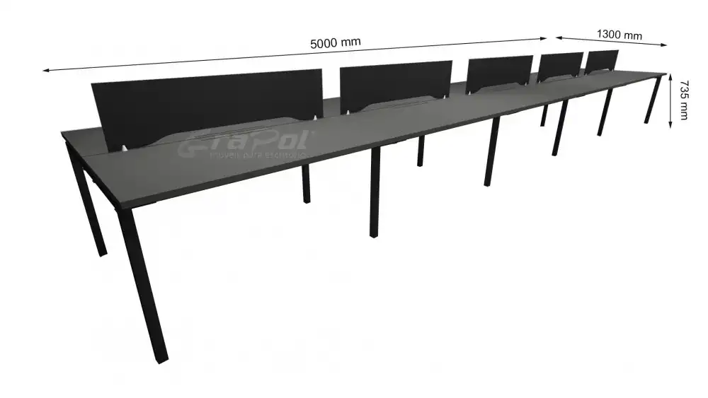 Plataforma de Trabalho com Total de 10 Lugares. 5 Lugares + 5 Lugares Frente a Frente - Caixas de conectividade metálicas com tomadas elétricas - Tampo 25mm - 5000mm X 1300mm X 735mm -  Linha M-office - Móveis Motiva