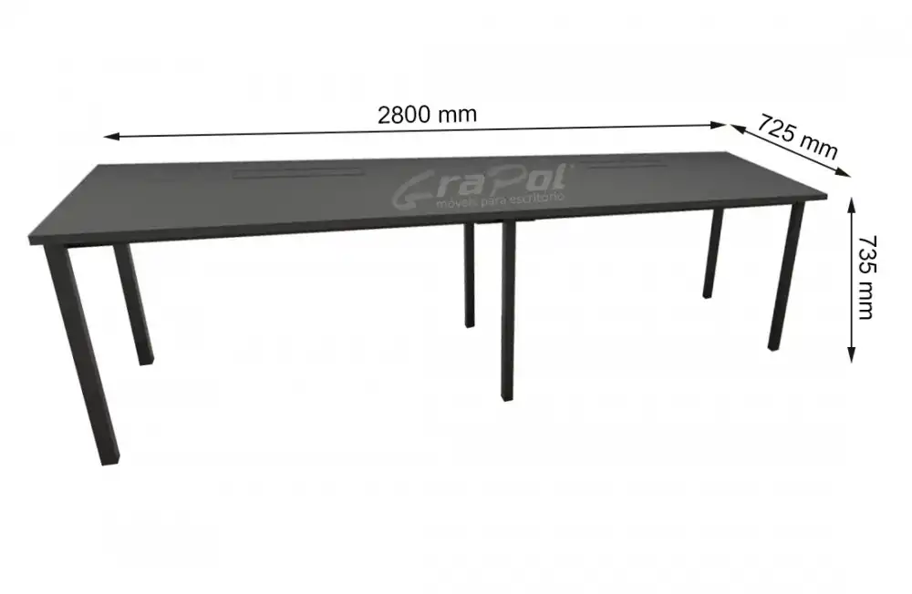 Plataforma Pé Metal Simples de 2 Lugares. - Tampo 25mm - 2800mm X 735mm X 725mm -  Linha M-office - Móveis Motiva