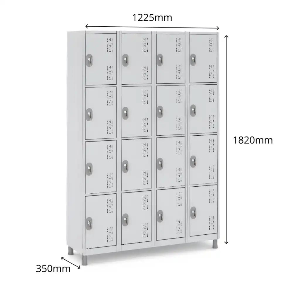 Armário para Vestiário Locker 16 Portas com Pitão para Cadeado - Com Reforço - POPW3 - 1820mm x 1225mm x 350mm