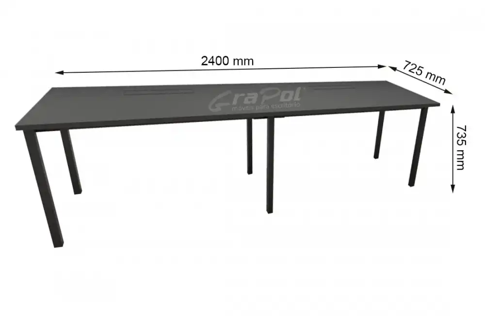 Plataforma Pé Metal Simples de 2 Lugares. - Tampo 25mm - 2400mm X 735mm X 725mm -  Linha M-office - Móveis Motiva