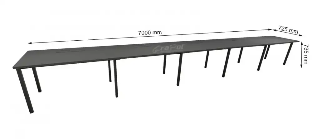 Plataforma Pé Metal Simples de 5 Lugares. - Tampo 25mm - 7000mm X 735mm X 725mm -  Linha M-office - Móveis Motiva