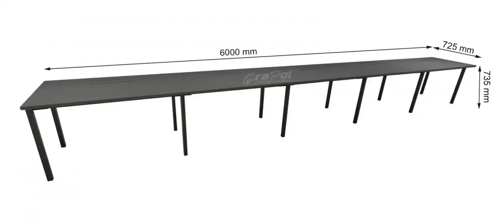 Plataforma Pé Metal Simples de 5 Lugares. - Tampo 25mm - 6000mm X 735mm X 725mm -  Linha M-office - Móveis Motiva