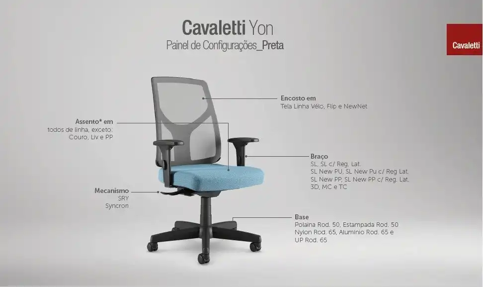 Cadeira Giratória Executiva YON, 47101 SRY, Encosto em TELA NEWNET c/ Regulagem de Altura, Aranha com POLAINA CINZA, Rodizio. 50 Nylon, Braço New PP CINZA - Com Apoio Lombar