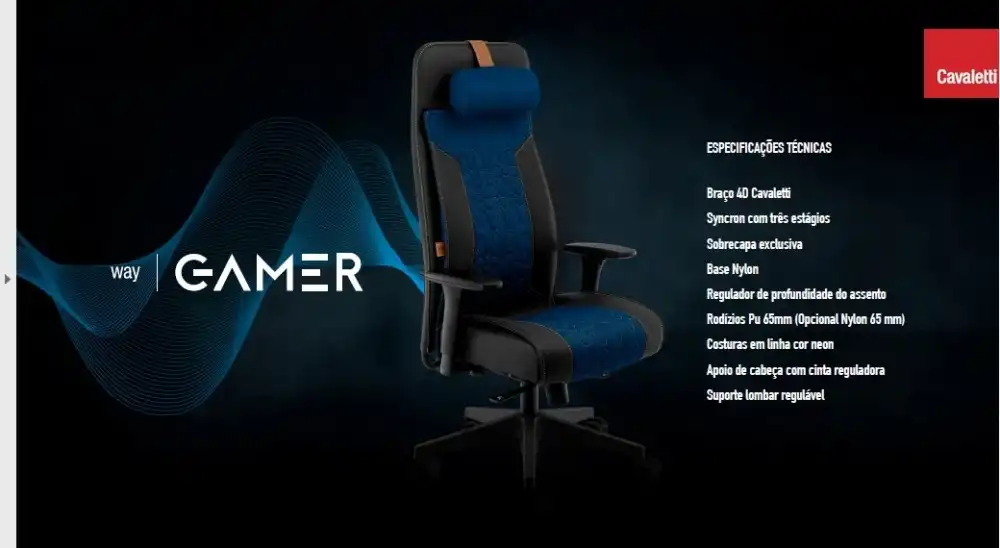 Cadeira Gamer Way - Presidente 19900 AC - Syncron -Apoio de Lombar - Regulagem Profundidade do Assento - RODÍZIO 65MM PU   - BRAÇO 4D - Cavaletti - Base Nylon