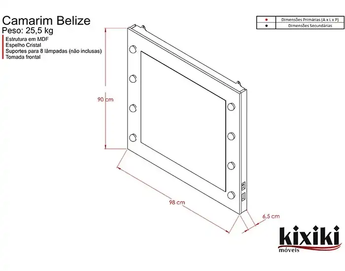 Espelho Camarim Belize - Não Acompanha Lâmpadas - Kixiki Móveis