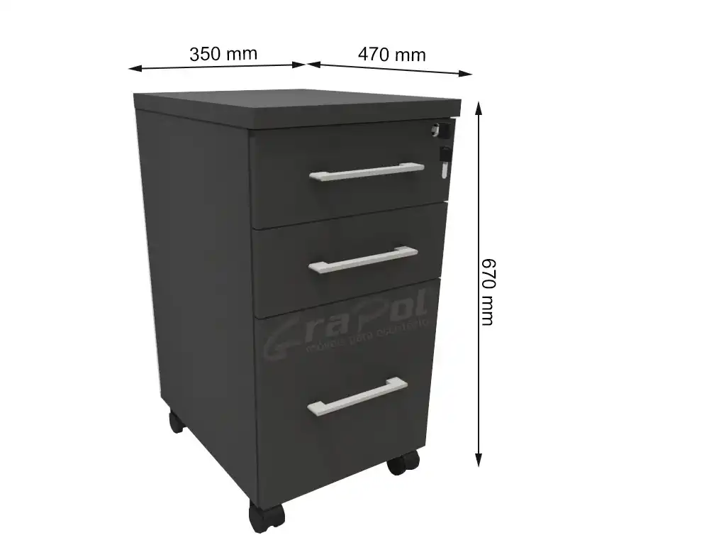 GAVETEIRO VOLANTE 02 GAVETAS E 01 GAVETÃO - L 350mm x A 670mm x P 470mm - M-OFFICE - MÓVEIS MOTIVA