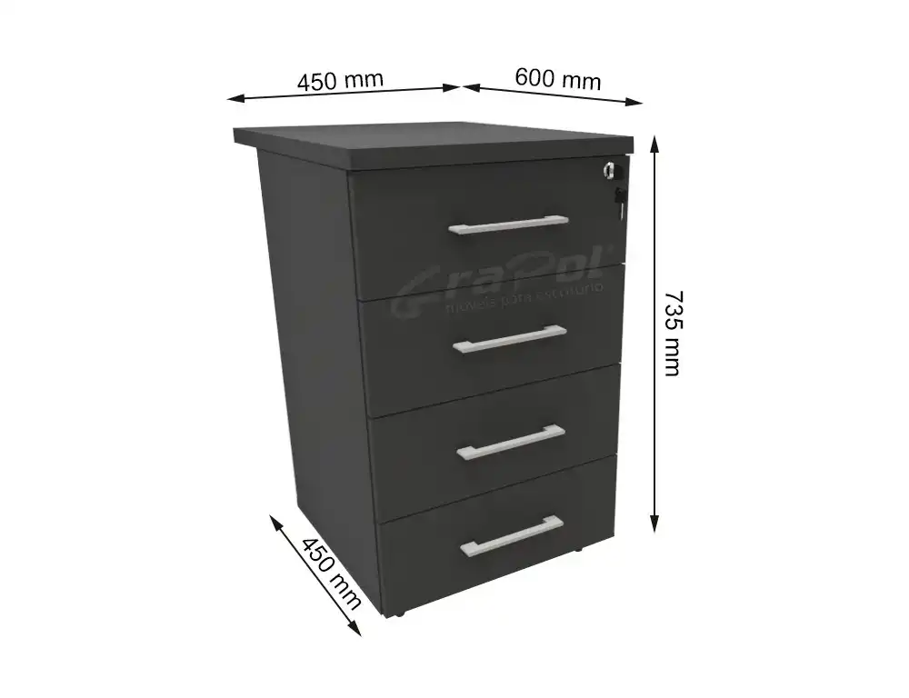 GAVETEIRO FIXO 04 GAVETAS - L 450mm x A 735mm x P 450/600mm -  M-OFFICE - MÓVEIS MOTIVA