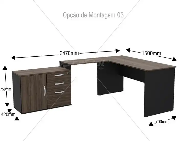 Mesa em L - Tampo 40mm - Mesa Auxiliar Ajustável - 1 porta - 3 gavetas - Mesa Principal com Largura de 1500mm - Mesa Auxiliar com 03 Opções de Montagem