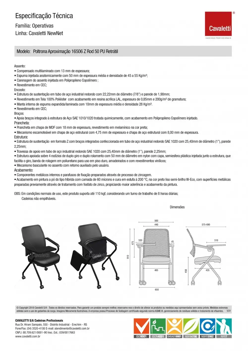 Cadeira Universitária 16506 Z -  Prancheta Retrátil - Estrutura Preta - Linha NewNet Soft - Cavaletti