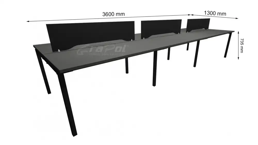 Plataforma de Trabalho com Total de 6 Lugares. 3 Lugares + 3 Lugares Frente a Frente - Caixas de conectividade metálicas com tomadas elétricas - Tampo 25mm - 3600mm X 1300mm X 735mm -  Linha M-office - Móveis Motiva