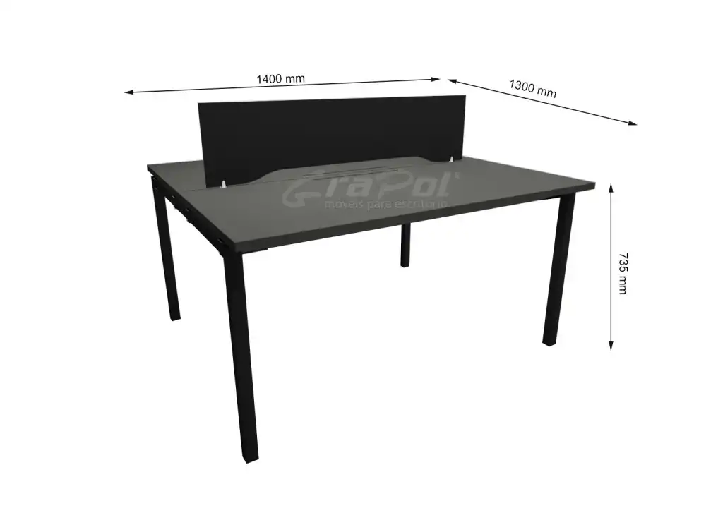 Plataforma de Trabalho com Total de 2 Lugares. 1 Lugares + 1 Lugares Frente a Frente - Caixas de conectividade metálicas com tomadas elétricas - Tampo 25mm - 1400mm X 1300mm X 735mm -  Linha M-office - Móveis Motiva