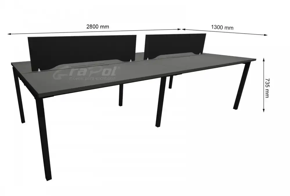 Plataforma de Trabalho com Total de 4 Lugares. 2 Lugares + 2 Lugares Frente a Frente - Caixas de conectividade metálicas com tomadas elétricas - Tampo 25mm - 2800mm X 1300mm X 735mm -  Linha M-office - Móveis Motiva