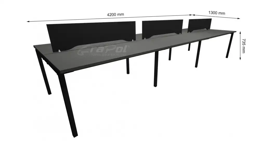 Plataforma de Trabalho com Total de 6 Lugares. 3 Lugares + 3 Lugares Frente a Frente - Caixas de conectividade metálicas com tomadas elétricas - Tampo 25mm - 4200mm X 1300mm X 735mm -  Linha M-office - Móveis Motiva