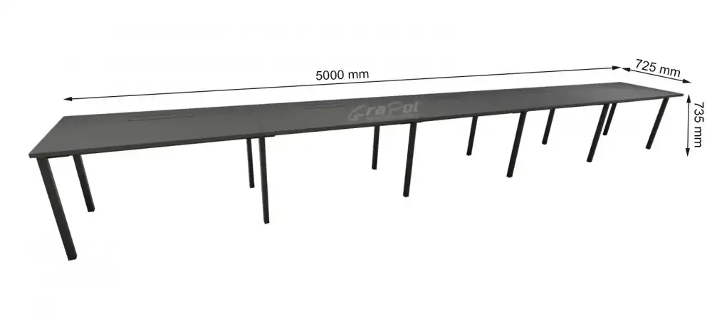 Plataforma Pé Metal Simples de 5 Lugares. - Tampo 25mm - 5000mm X 735mm X 725mm -  Linha M-office - Móveis Motiva