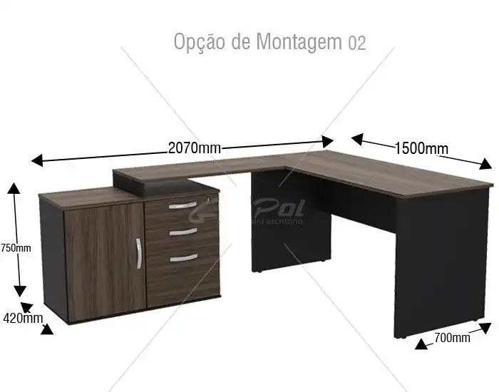 Mesa em L - Tampo 40mm - Mesa Auxiliar Ajustável - 1 porta - 3 gavetas - Mesa Principal com Largura de 1500mm - Mesa Auxiliar com 03 Opções de Montagem