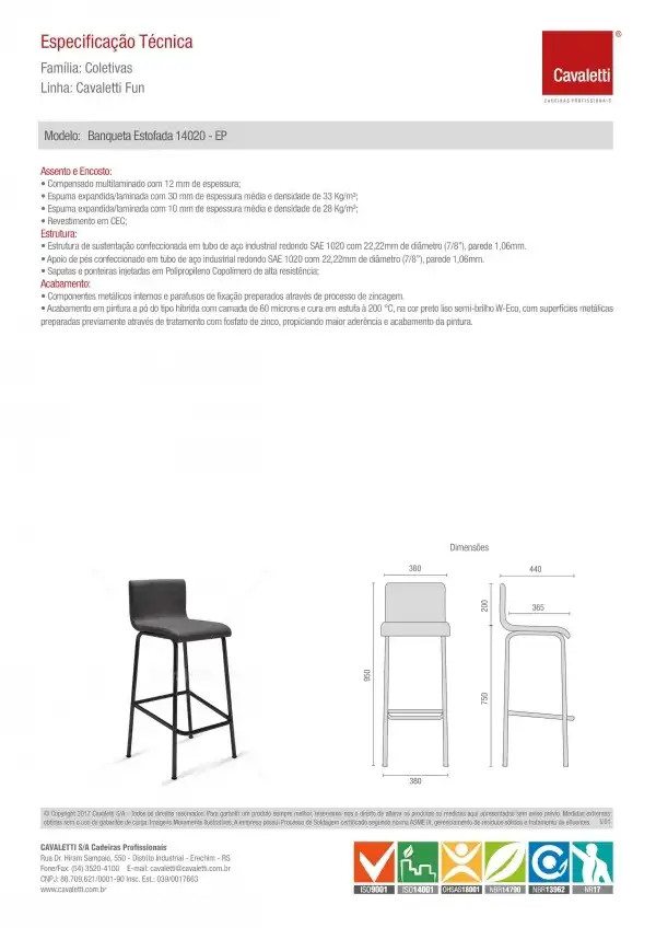 Banqueta / Banco -  com encosto 14020 - Estrutura preta - Cavaletti