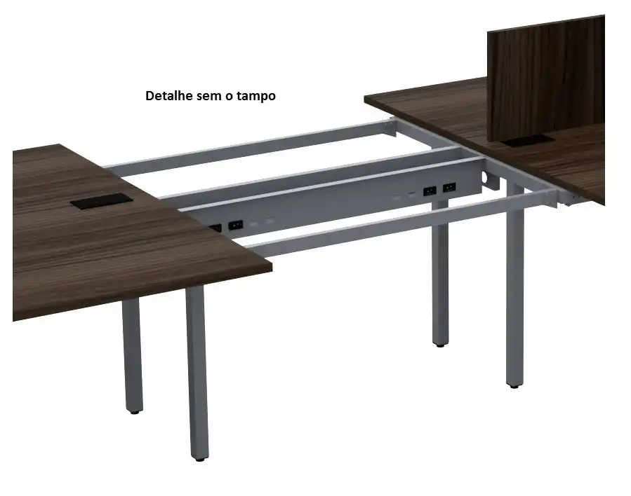 Plataforma de Trabalho com Total de 6 Lugares. 3 Lugares + 3 Lugares Frente a Frente - Com Calha Elétrica Click - Tampo 25mm - 3600mm X 1400mm X 740mm