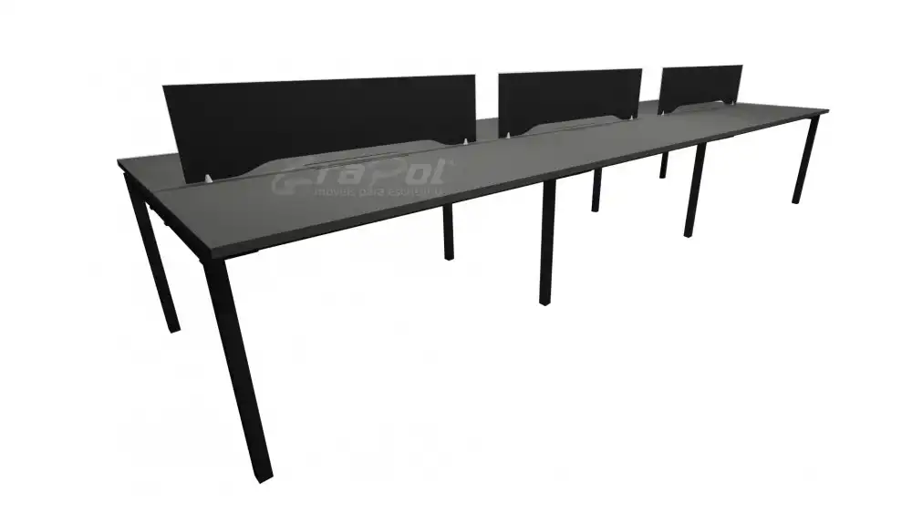 Plataforma de Trabalho com Total de 6 Lugares. 3 Lugares + 3 Lugares Frente a Frente - Caixas de conectividade metálicas com tomadas elétricas - Tampo 25mm - 3000mm X 1300mm X 735mm -  Linha M-office - Móveis Motiva