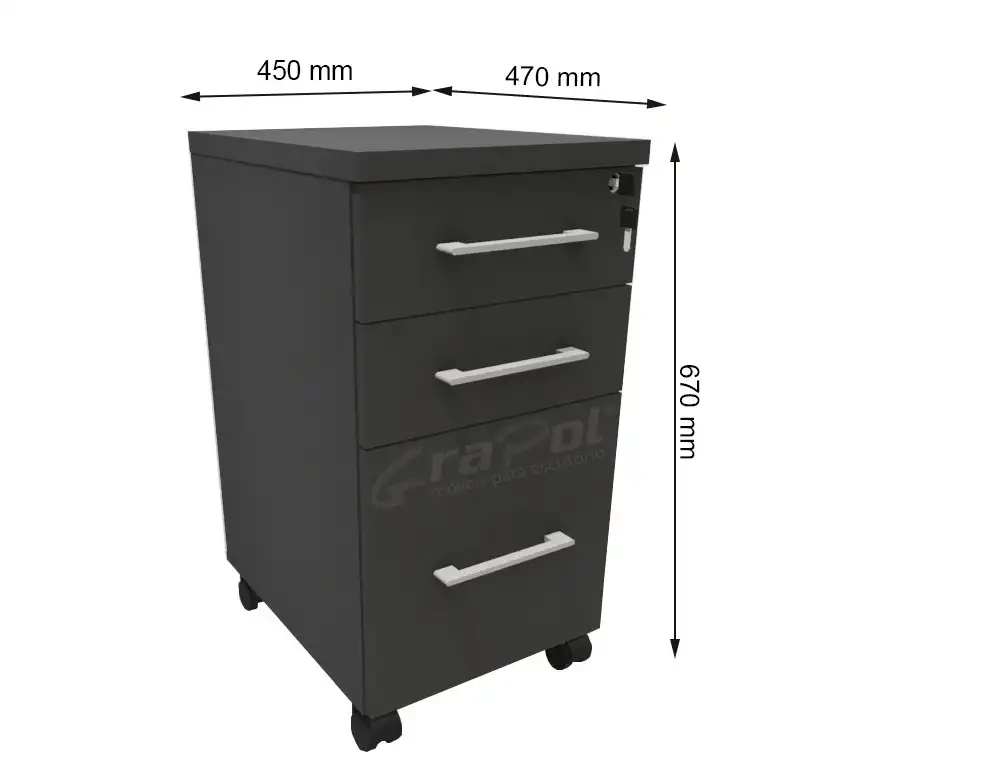 GAVETEIRO VOLANTE 02 GAVETAS E 01 GAVETÃO - L 450mm x A 670mm x P 470mm - M-OFFICE - MÓVEIS MOTIVA