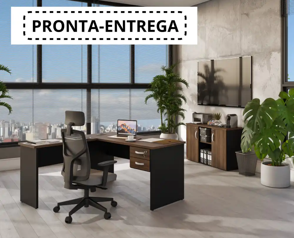CONJUNTO ESCRITÓRIO - 4 PEÇAS - 25mm - Mesa reta (1500mm) - Mesa Auxiliar - Gaveteiro suspenso 2 gavetas - Armário baixo Credenza